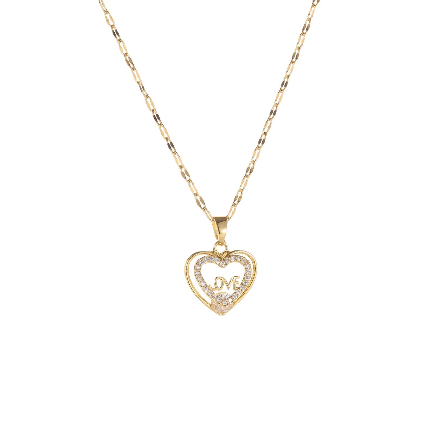 18K Gold Plated Sparkling Cubic Zircon Double Heart Pendant Necklace