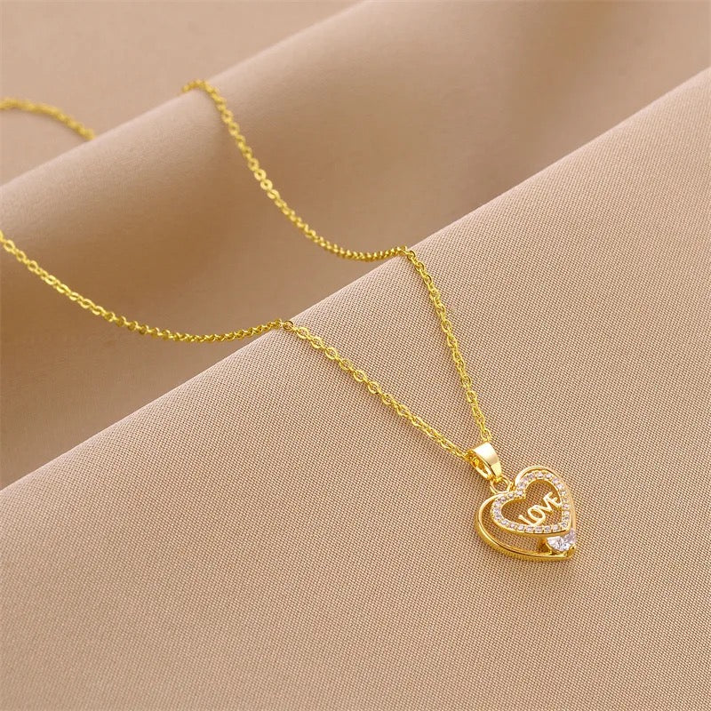 18K Gold Plated Sparkling Cubic Zircon Double Heart Pendant Necklace